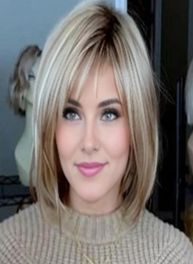 RENERSHOW Layered Blonde Bob Wigs for White Women with Bangs Straight Short Hair Wig Synthetic Ombre Blonde Highlight Bobo Haircuts 12inch Average Size Natural Daily Party Wig - Image 1